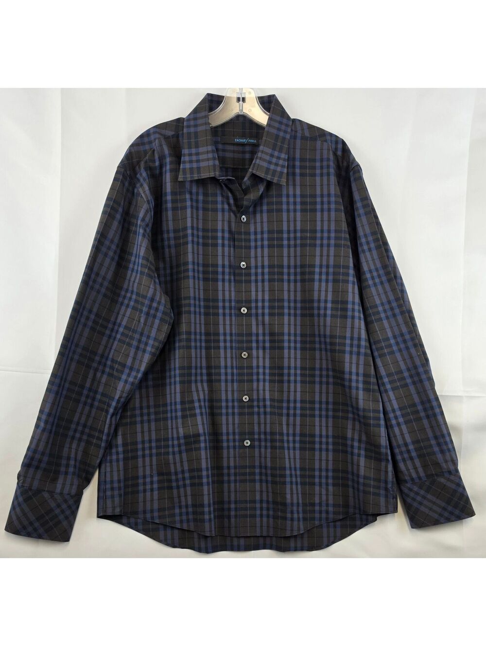 Zachary Prell Men's XL Blue and Black Plaid Cotton Dress Shirt, Dry Clean Only